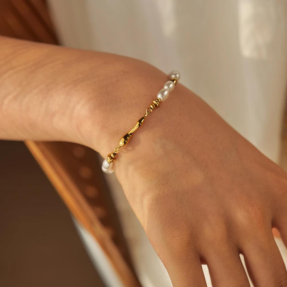 Glass Pearl Shaped Water Drop Cast Water Drop Bracelet Stainless Steel 18K Gold Plated Waterproof Summer Jewelry