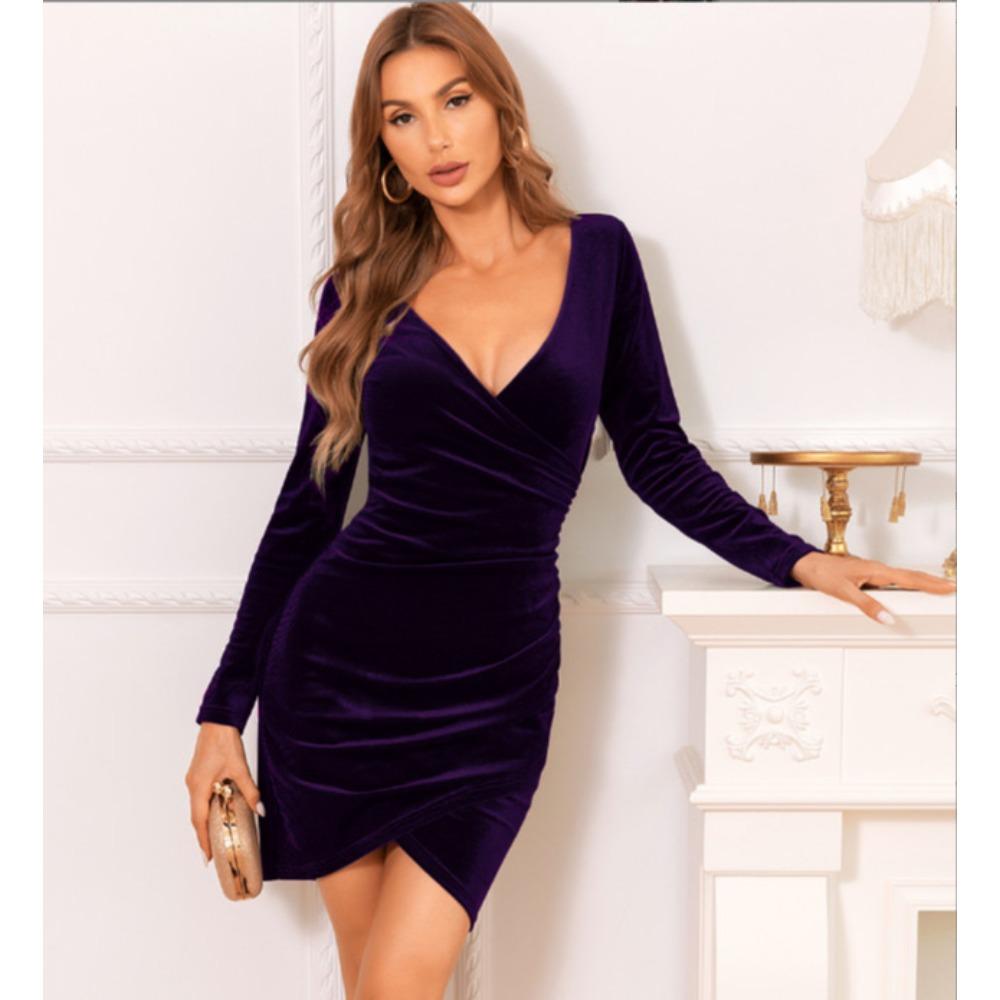 Damen V-Ausschnitt Langarm Samt Bodycon Minikleid Raffung Wickel Party Clubwear