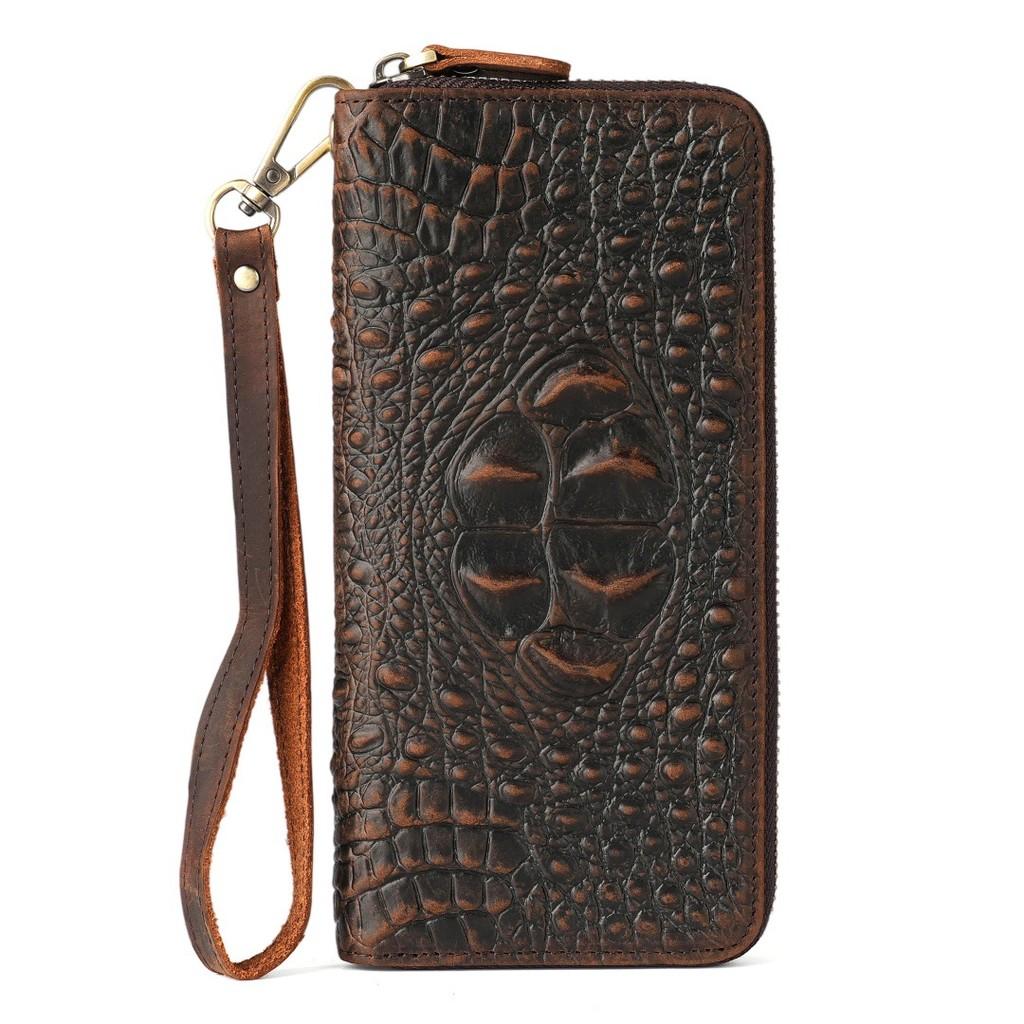 New Men's Genuine Cowhide Clutch Wallet Vintage Embossed Multi-Card Slots Wrist Strap Ready Stock Luxury Long Wallet