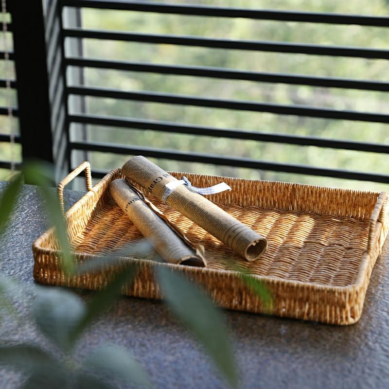 Plastic Storage Tray With Handle Imitation Rattan Weaving Basket Sundries Plate Fruit Platter Tea Tray Dinner Serving Tray