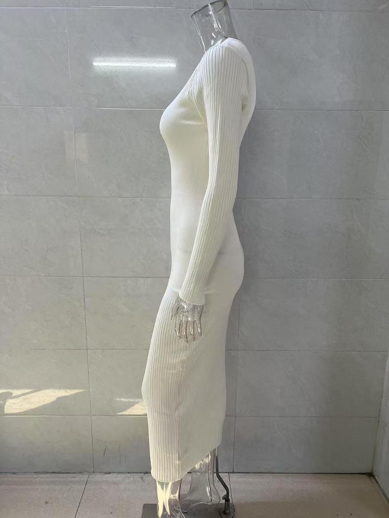 Damen Langarm Herbst/Winter Woll Bodycon Kleid - Gestrickt, Gerippt, Einfarbig, Rundhals