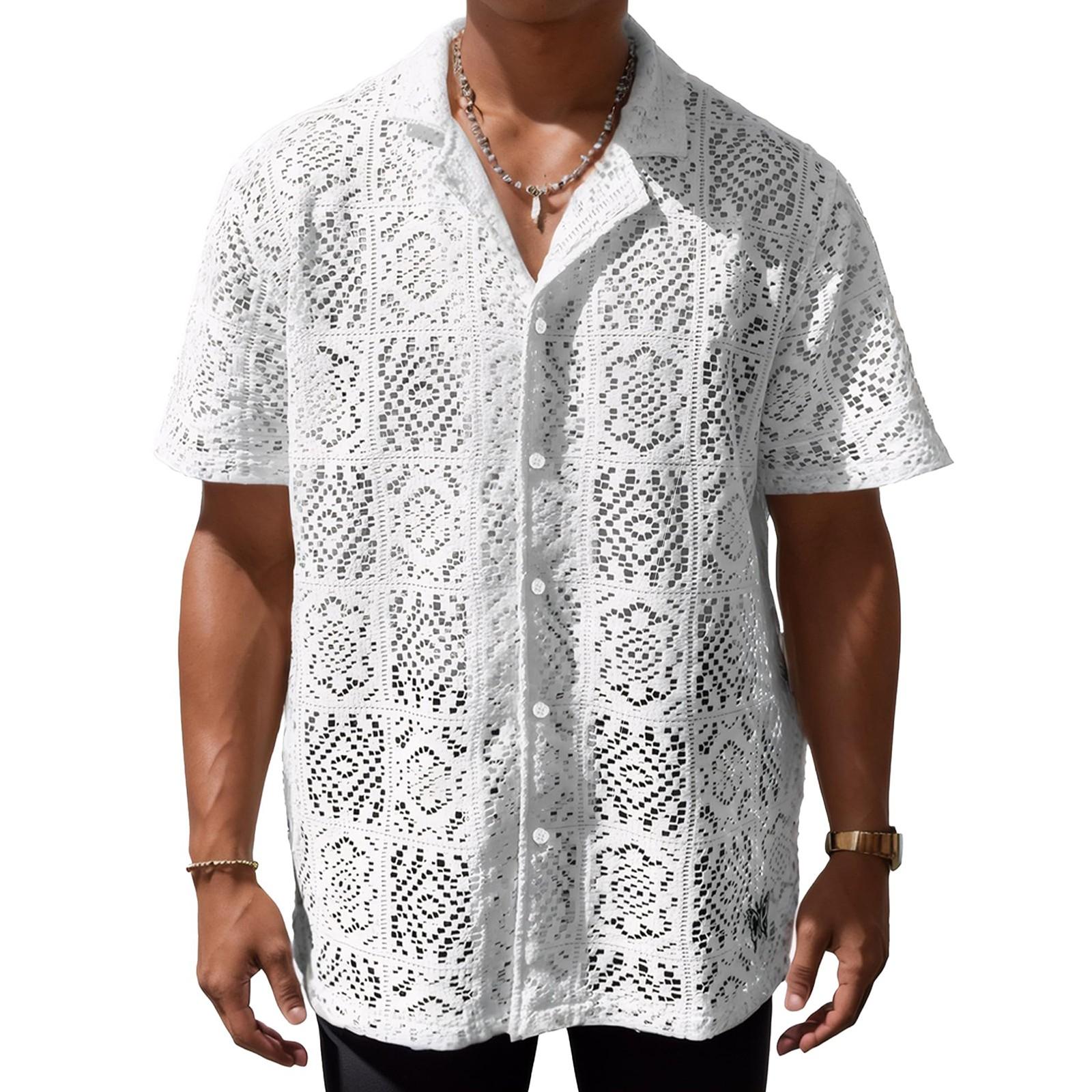 

Мужская кружевная рубашка с коротким рукавом и прозрачными пуговицами, праздничный повседневный ажурный топ M белый