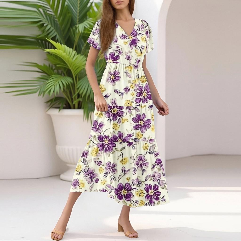 Damen Sommer Casual Mode V-Ausschnitt Rüschenärmel Blumendruck Midi-Kleid