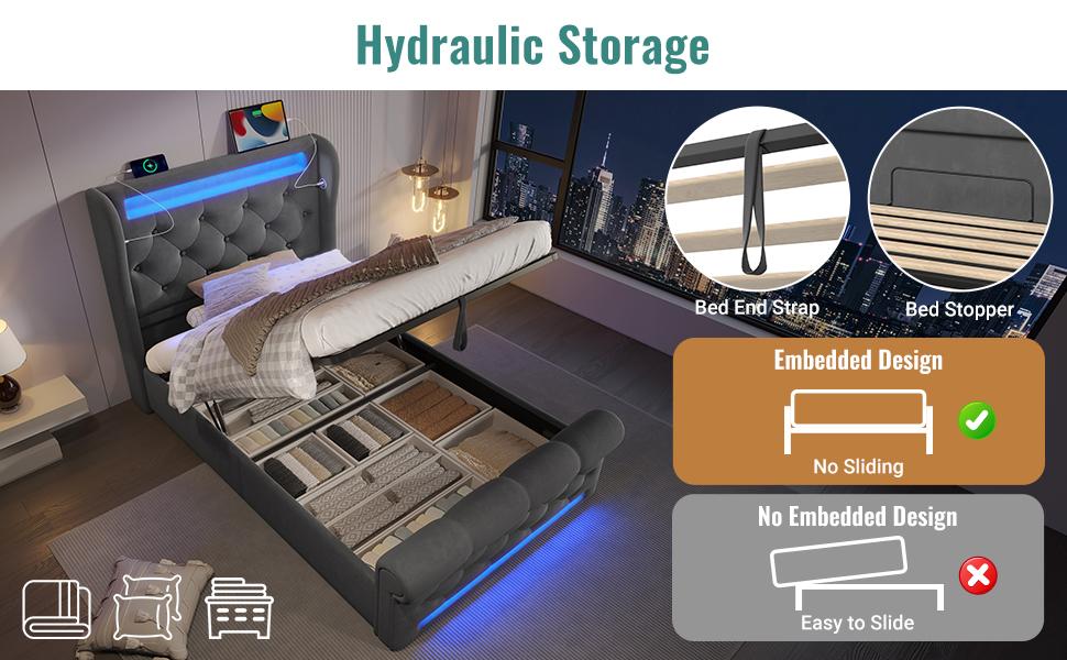 Upholstered Bed Single 90x200cm, with LED Lights, Storage Headboard with USB and Type-C Ports, Hydraulic Storage, Gray, Velvet (Without Mattress)