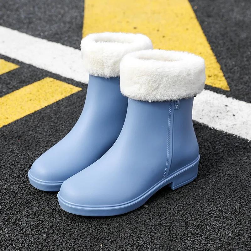 Fashion Women Rain Boots Korean High-heel Fashion Outdoor Short Tube Rain Boots Waterproof Shoes Warm Cotton Anti Slip Ankle Boots 2025