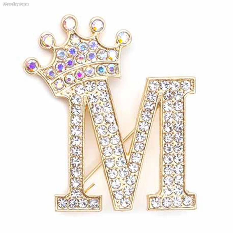 New 26 Letters A-Z Brooch Rhinestones Crystal Gold Color English Alphabet Metal Pins Cute Jewelry Accessories Christmas Gift