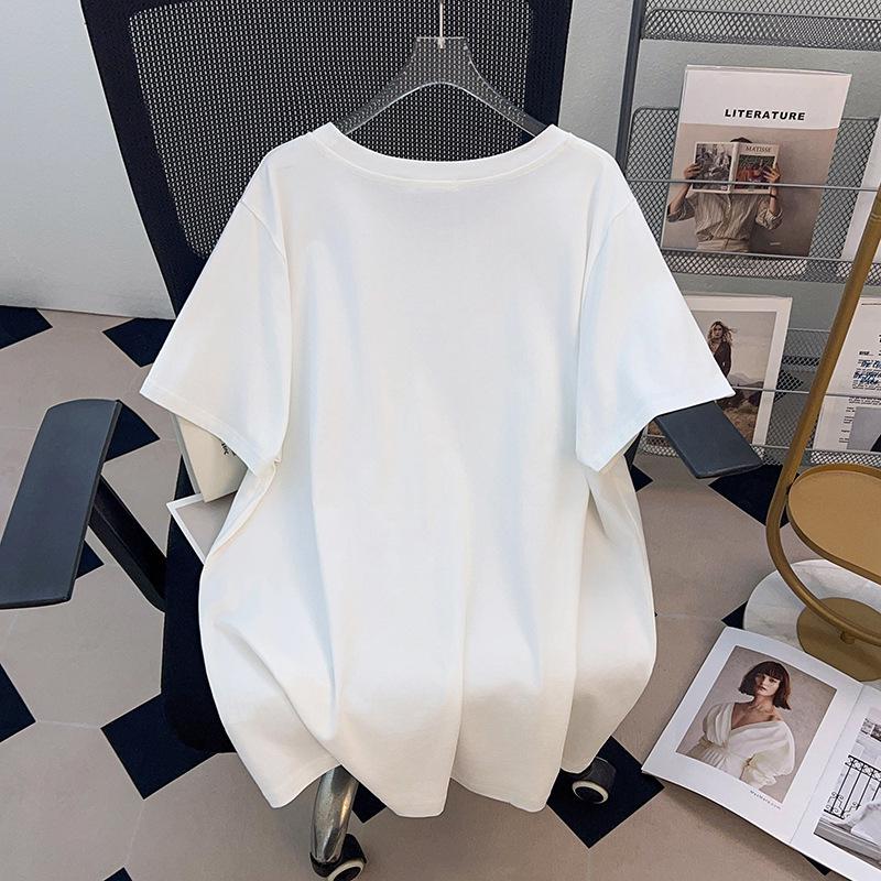 Damen Plus Size Mittellanges Rundhals-Schlankheits-T-Shirt (Kurzärmelig) - Bedeckt den Bauch, Erhältlich in den Größen 200/300/350 jin