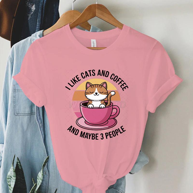Kawaii Cat Coffee Lover T Shirt I Like Cats and Coffee Classic Top Tees Crew Neck Summer Clothes Coffee Lover Gift Cat Mom Shirt