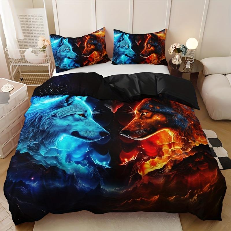 

Wolf Flame Duvet Cover Set Soft Breathable Polyester Bedding Set For All Seasons Includes Duvet Cover And 2 Pillowcases 90X200cm