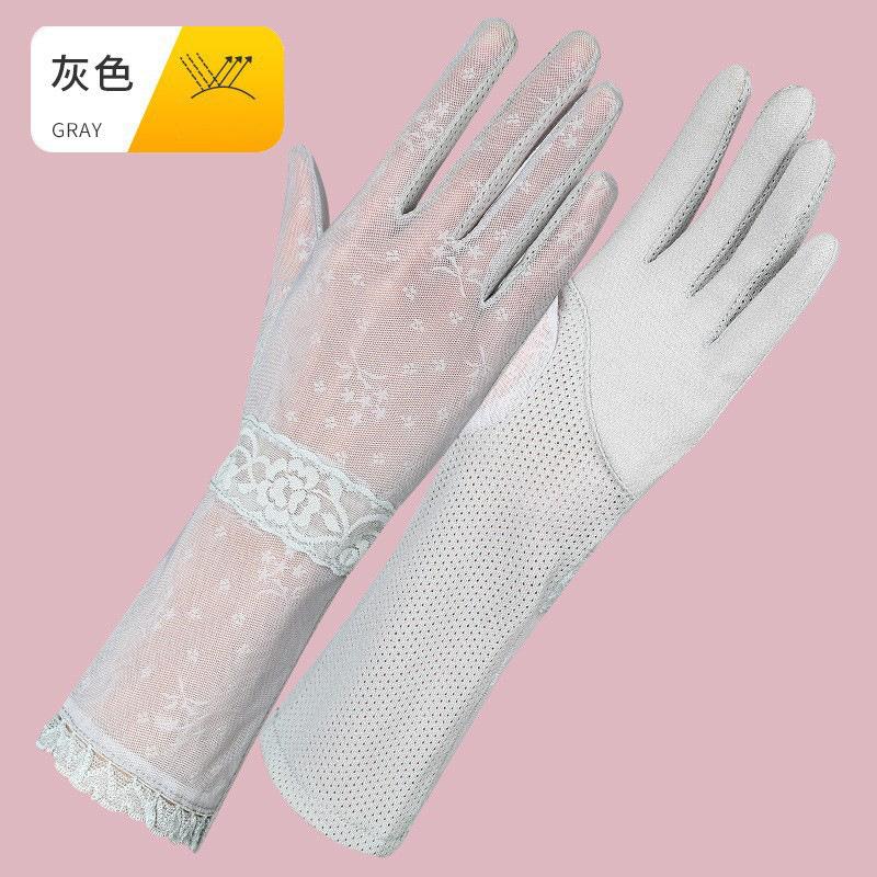 Sunscreen gloves women's thin driving non-slip ice silk breathable medium and long driving riding lace touch screen gloves