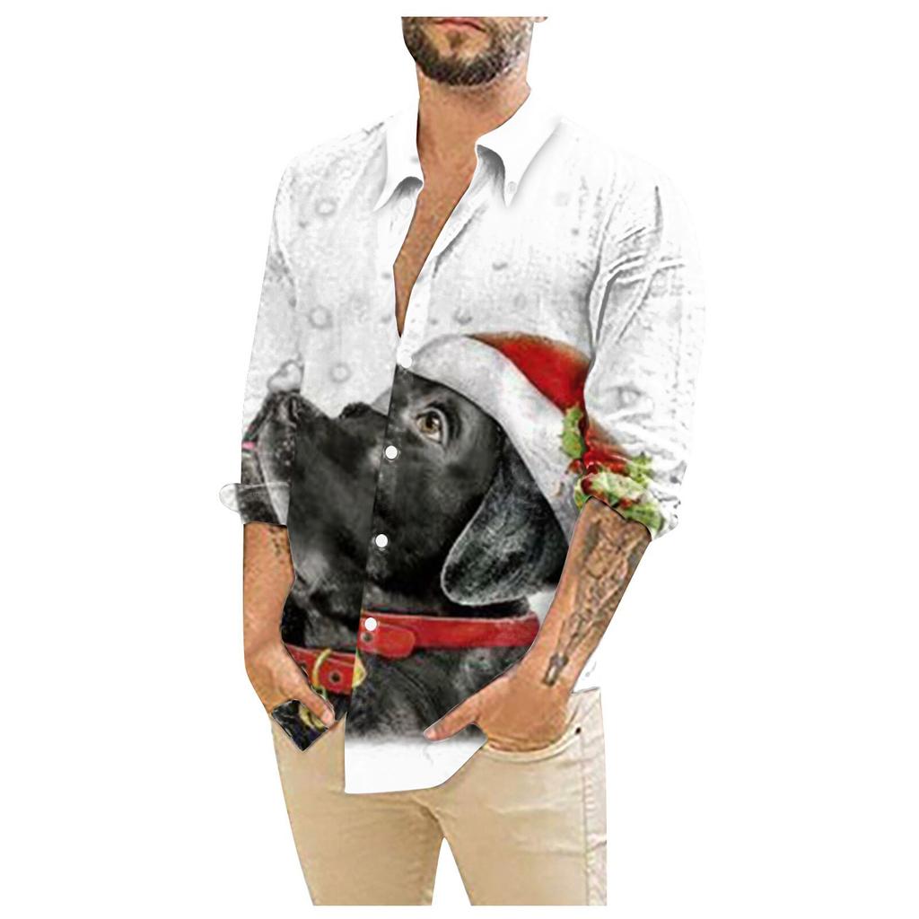 Herren-Weihnachtshemden, langärmelig, mit Blumenmuster, Knopfleiste, lustig, niedlich, grafisches Hemd