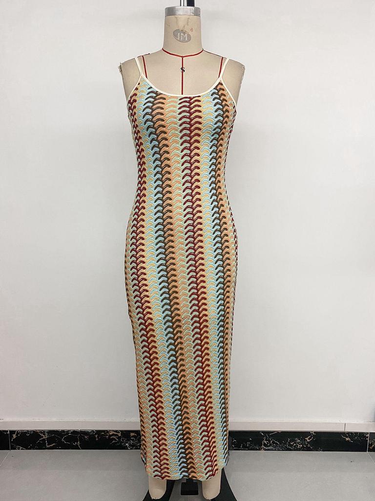 2026 Resort-Style Spaghetti Strap Bodycon Ethnic Striped Knit Dress