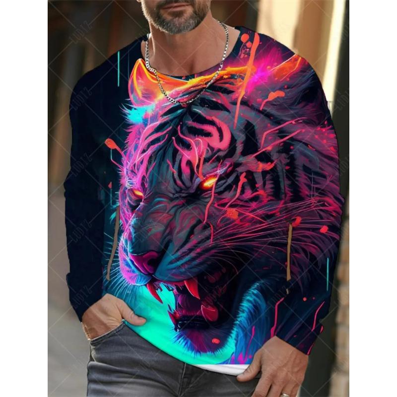 Outdoor Leisure Men's Long-sleeved T-shirt Animal Tiger Lion Leopard Pattern Street Top Sports Fashion Autumn Warm Long Sleeve