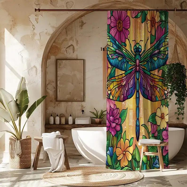 Dragonfly Shower Curtain, Stained Glass Design Bath Curtain, Waterproof Fabric Bathroom Decor, Colorful Floral Art