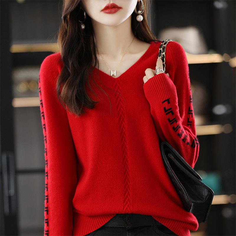 

VEZFAA Женские модные повседневные осенне-зимние свитера с длинным рукавом и V-образным вырезом S красный