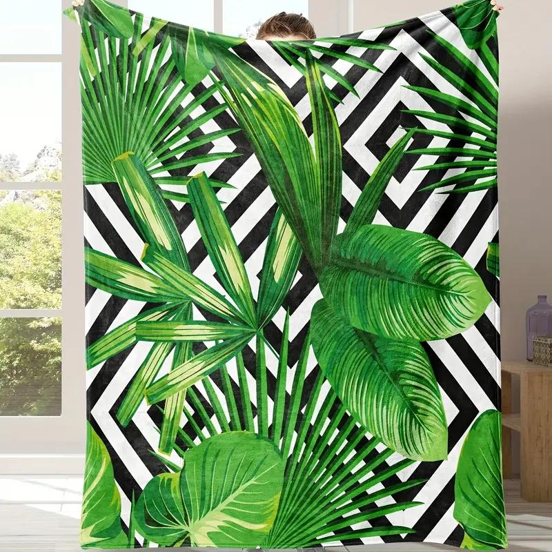 Exotic jungle plants tropical palm leaves flannel blanket for bedding, office, home, camping, cozy warmth, sofa, Christmas 130x150cm