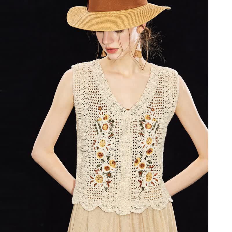 Wudao Women s 100% Cotton V-Neck Sleeveless Embroidered Knit Tank Top L