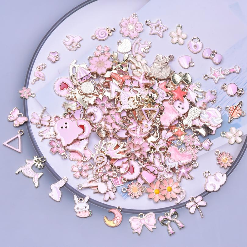 Pink Girl Pendant Random Mix 10/20/30/50pcs Cute Heart Rabbit Flower Diy Enamel Charms For Jewelry Making Bulk Handmade Material