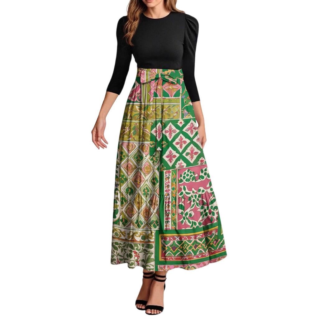 Damskie modne codzienne sukienki z paskiem, z rękawem trzy czwarte, z okrągłym dekoltem, z kwiatowym nadrukiem, eleganckie, z temperamentem