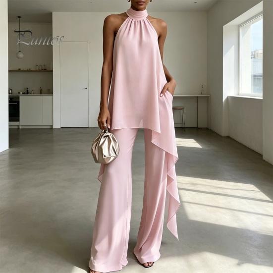 Completo da Donna Set da Casa da Donna, Completi in Chiffon da Donna a 2 Pezzi, Top Asimmetrici con Scollo all'Americana Senza Maniche con Abbigliamento Traspirante Pantaloni a Gamba Larga Outfit Estivi, Casual