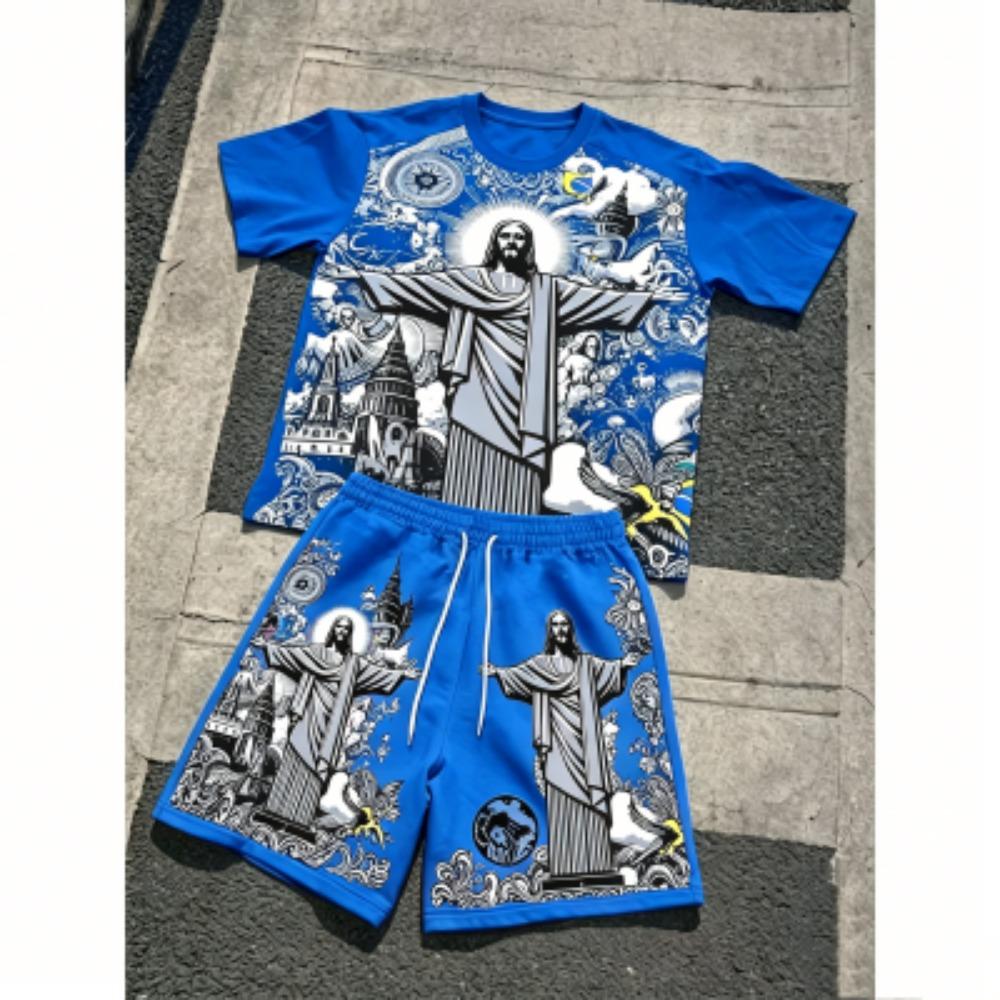 Europe and America Fashion JESUS Printing Outdoor Street Men's T-shirt and Shorts 2 Piece Set Summer Casual Outfit Men's and Women's Sports Set