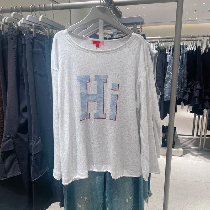 

2025 Winter Women s Fashion Letter Print Rolled Hem Round Neck T-shirt YV450288 Small серый
