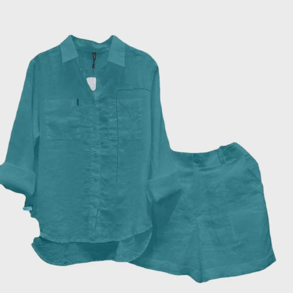 2023 Summer Women's Cotton Linen Long Sleeve Cardigan Two-Piece Set