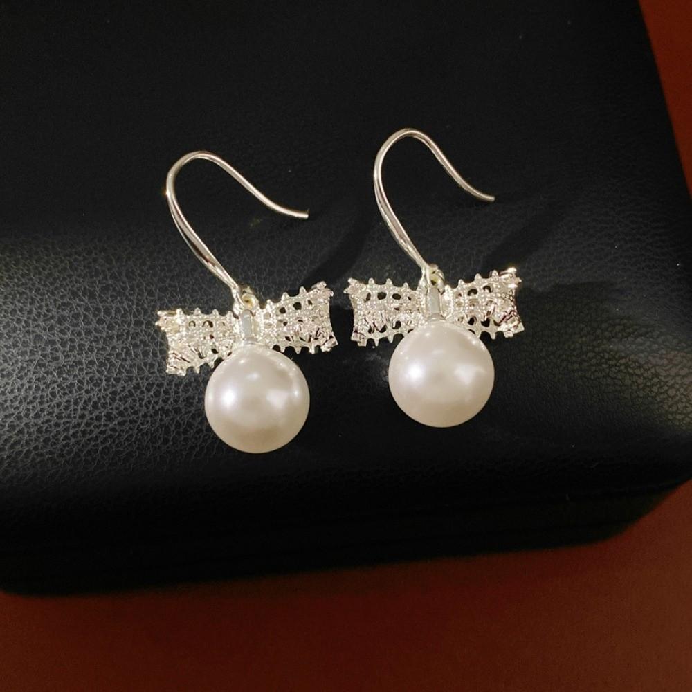 Simulation Freshwater Pearl Bow Pearl Long Earrings Shell Beads Ear Hook Drop Earrings  Girls Gift
