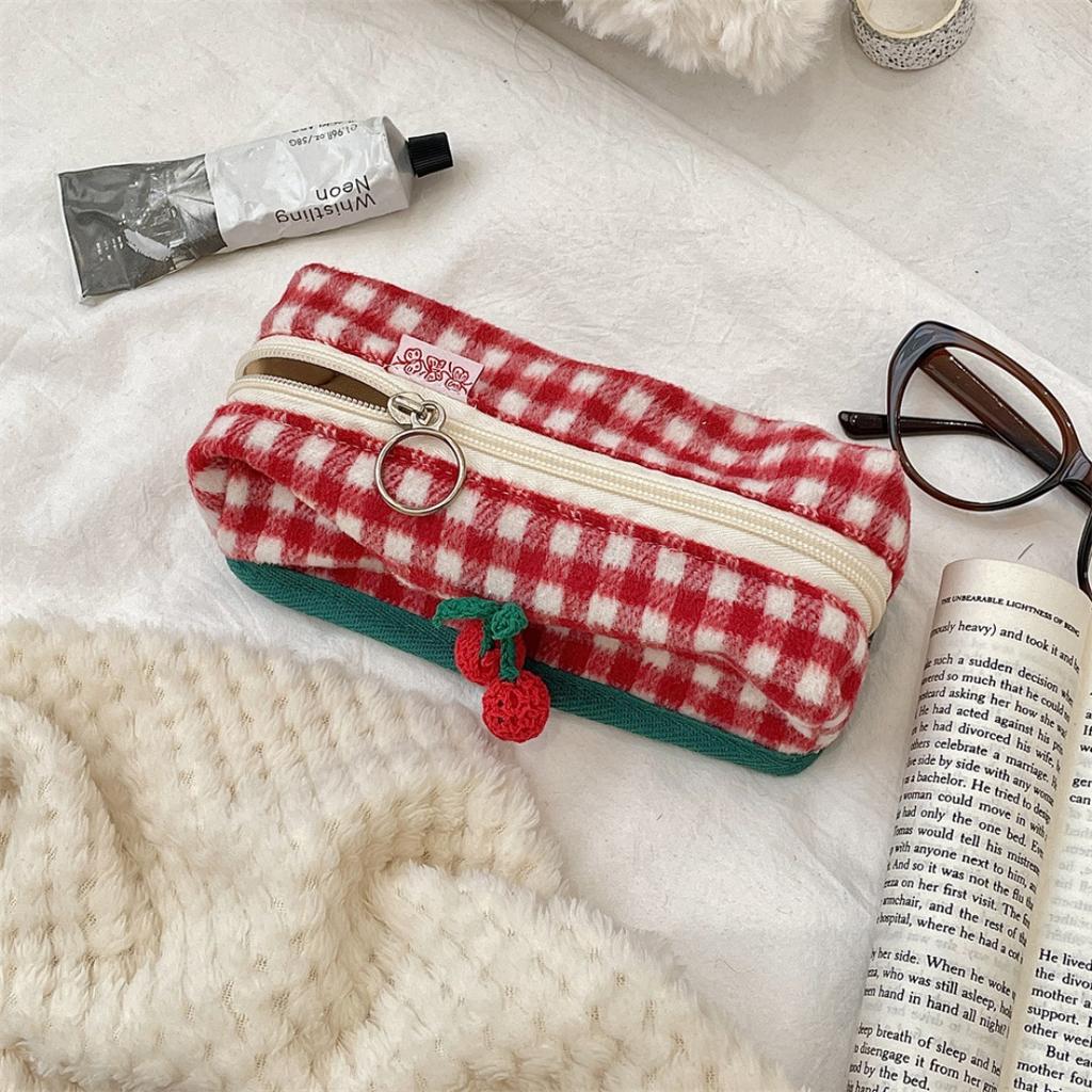Knitted Plaid Student Stationery Pencil Case Multifunctional Storage Cosmetic Bag Portable Stationery Box