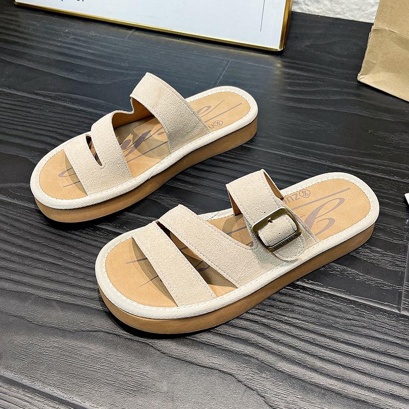 

Fashion 2025 Women s Flat Thick Sole Sandals Non Slip One Buckle Summer Outdoor Slippers for Pregnant Women Casual Wear with Skirts 35