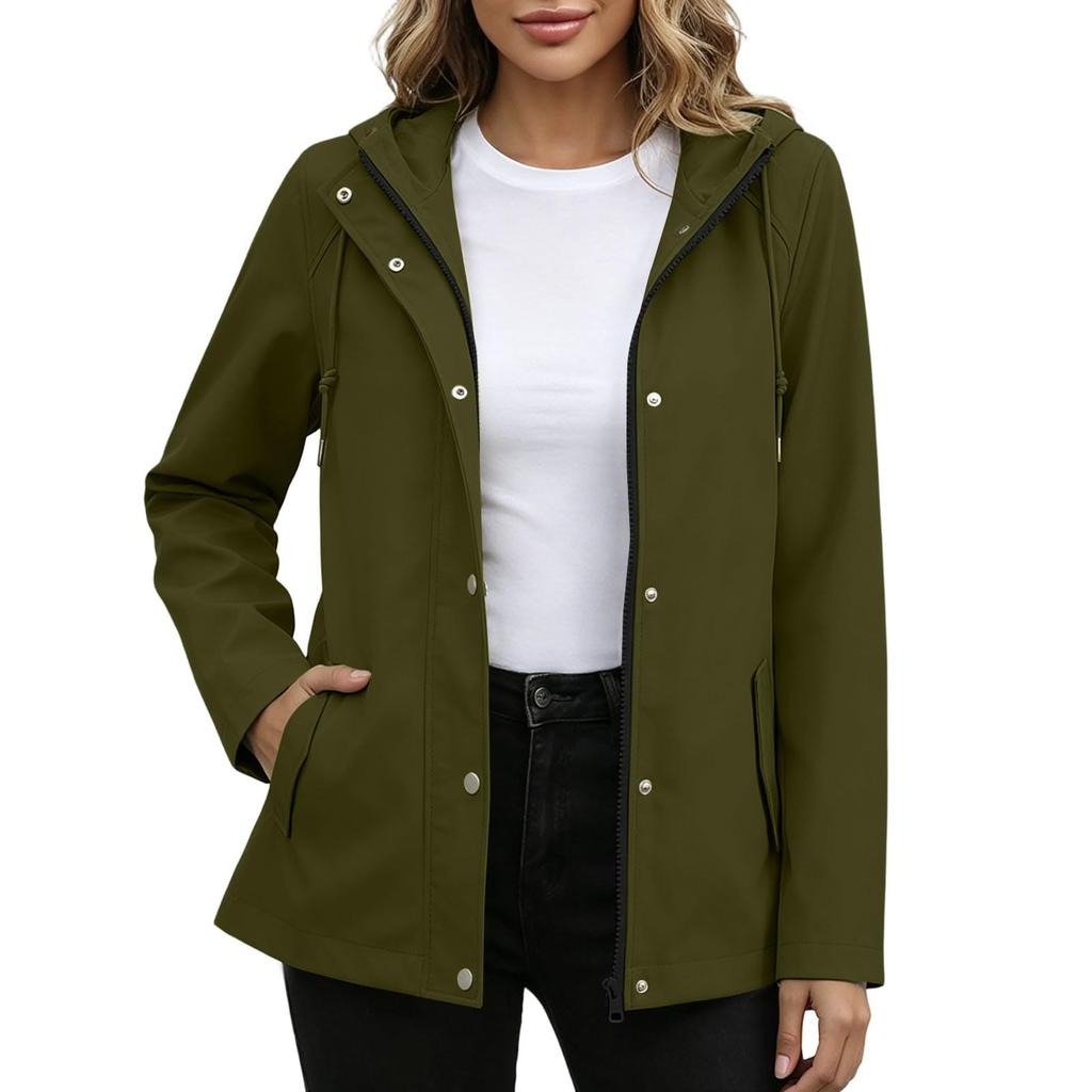 Wasserdichte Winddichte Kapuzenjacke für Damen mit durchgehendem Reißverschluss, Leichter atmungsaktiver Outdoor-Regenmantel, Shell mit verstellbarer Kapuze und Taschen