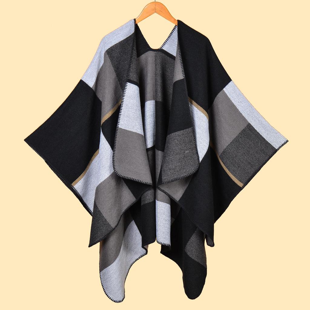 Versatile Plaid Women's Faux Cashmere Shawl: Ethnic Style Slit Cape for Autumn/Winter