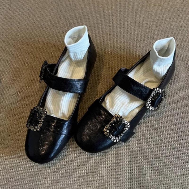 

Soft leather version~ Shallow soft leather versatile one-word buckle flat Mary Jane shoes women s retro rhinestone comfortable low-heeled single shoes 40