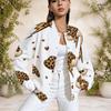 Women Plus Size Baseball Collar Printed Long Sleeve Button Front Varsity Jacket White With Pockets