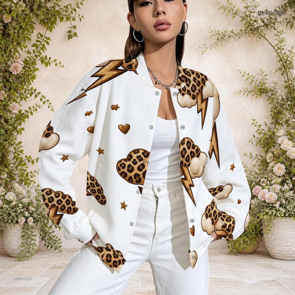 Women Plus Size Baseball Collar Printed Long Sleeve Button Front Varsity Jacket White With Pockets