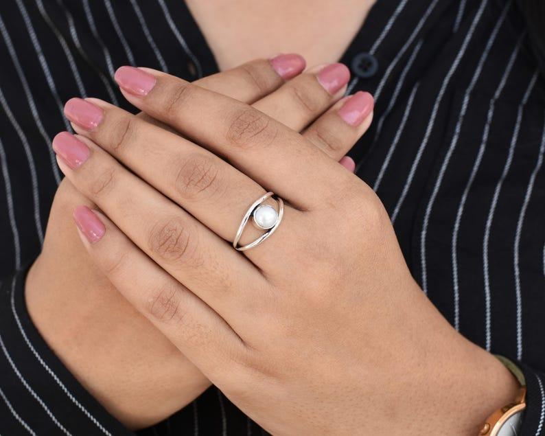 Solid 925 Sterling Silver White Pearl Round Gemstone Statement Women Ring Gift For Her Wedding Gifts