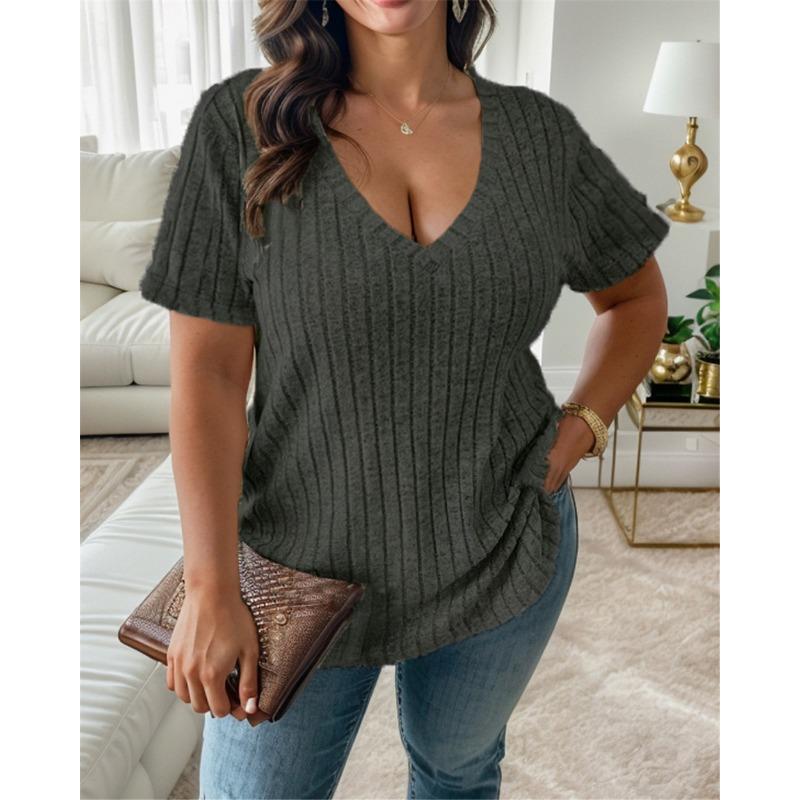 Spring Summer Women's Tops Solid Color V-neck Loose Pit Stripe Brushed Short Sleeved T Shirt