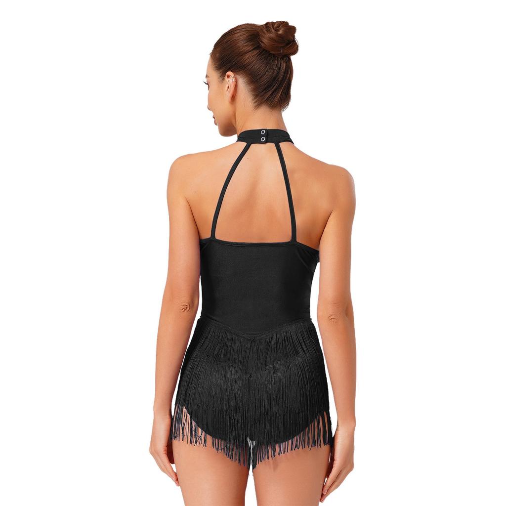 Womens Latin Dance Costume Sleeveless Backless Color Block Design Shiny Sequins Tassels Leotard