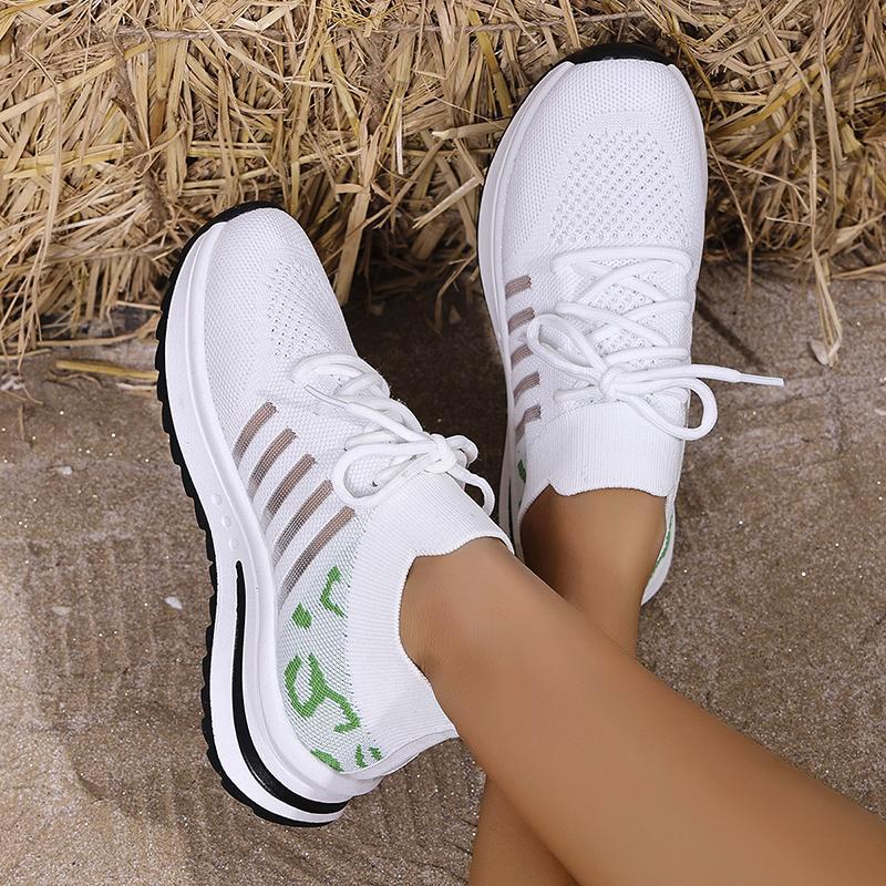 Fashion 2025 Hollow Out Breathable Sneakers Women Plus Size Printed Thick Sole Walking Shoes Woman Comfortable Knitted Flats Female