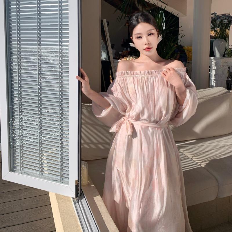French Lazy Seaside Vacation Dress One-word Shoulder Tube Top Fairy Morning Robe Small Gift Dress Birthday Party Dress