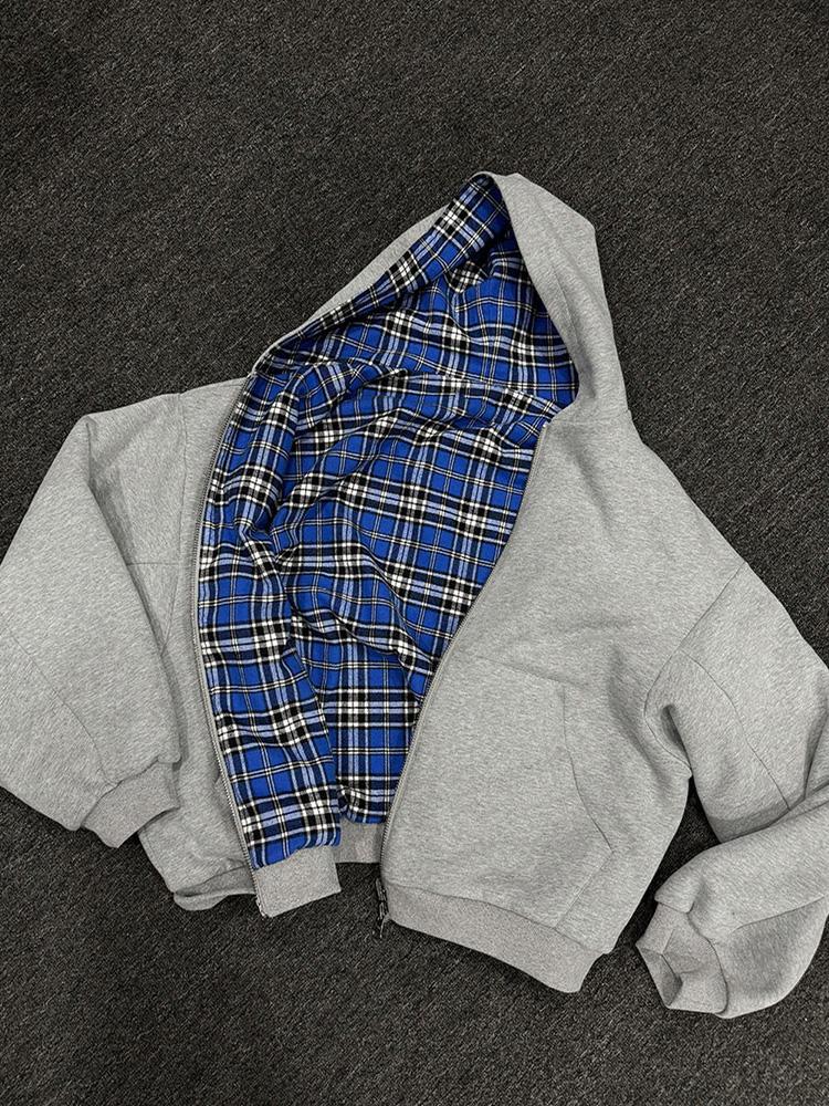 Winter Casual Plaid Print Hoodie Women's Warm Zip-Up Double-Sided Wear Sweatshirt Female Fashion Trendy Loose Unisex Hooded 2026 New