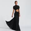 2026 new women's fashion temperament sexy hollow hip wrap pleated solid color dress long dress European and American clothing