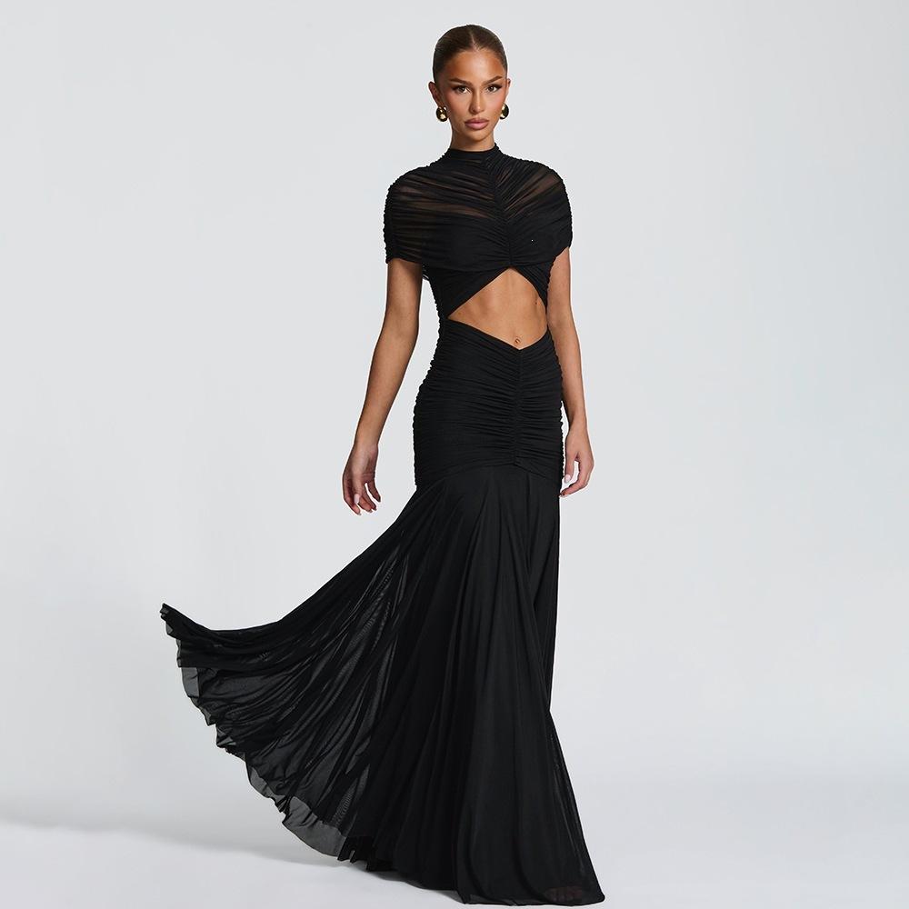 2026 new women's fashion temperament sexy hollow hip wrap pleated solid color dress long dress European and American clothing