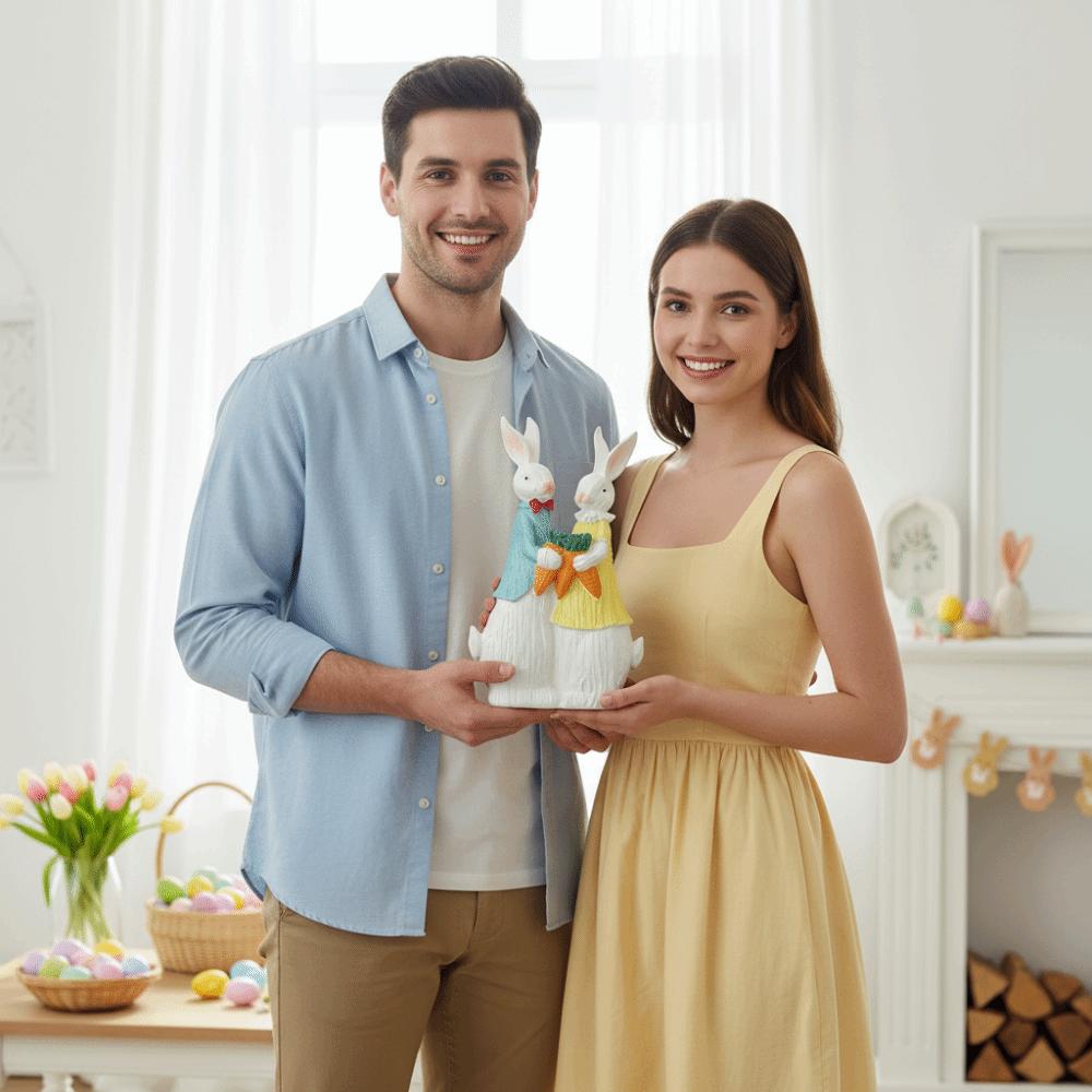 Easter Decor Easter Bunny Decorations Wood Grain Resin Simulation Design Rabbit Figurines Romantic Style Bunny Couple Statue