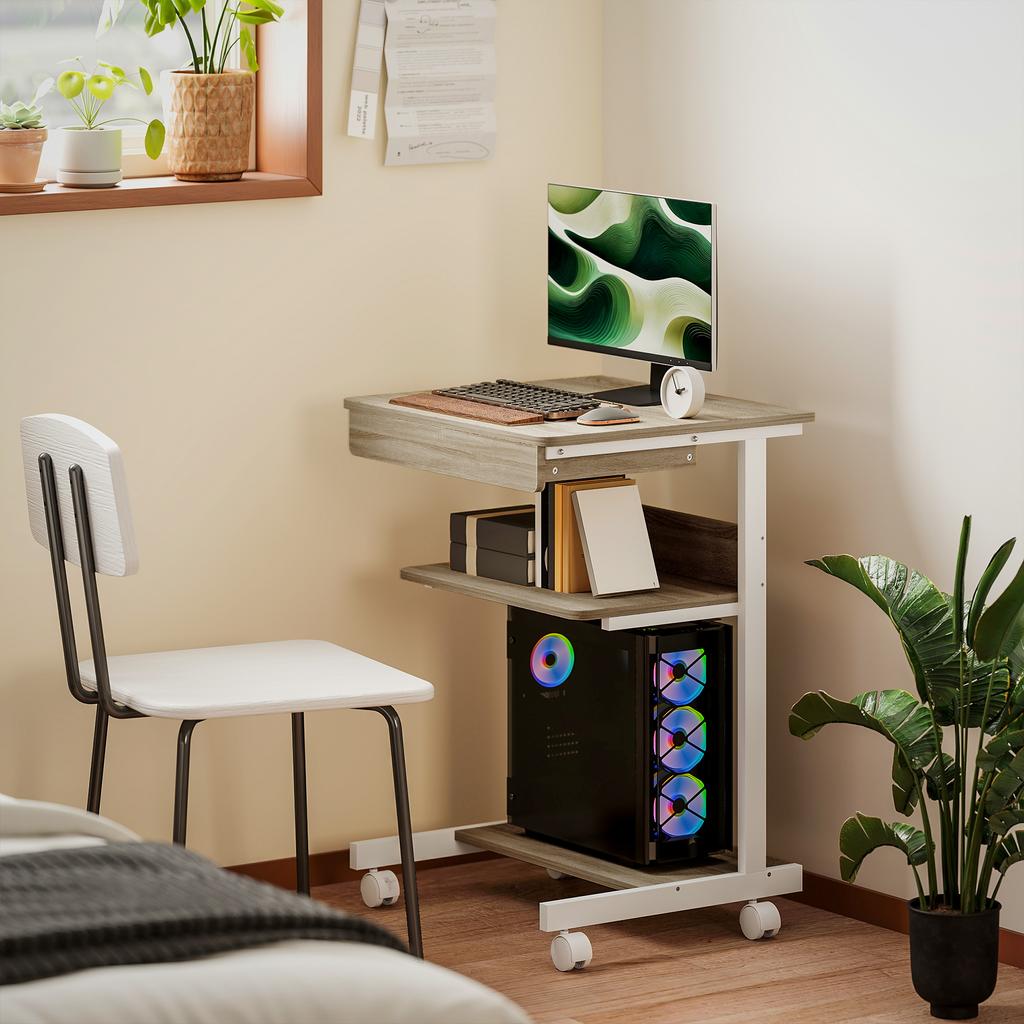 Rolling Desk with Drawer and Shelves, 4 Wheels, Compact, Chipboard, Metal