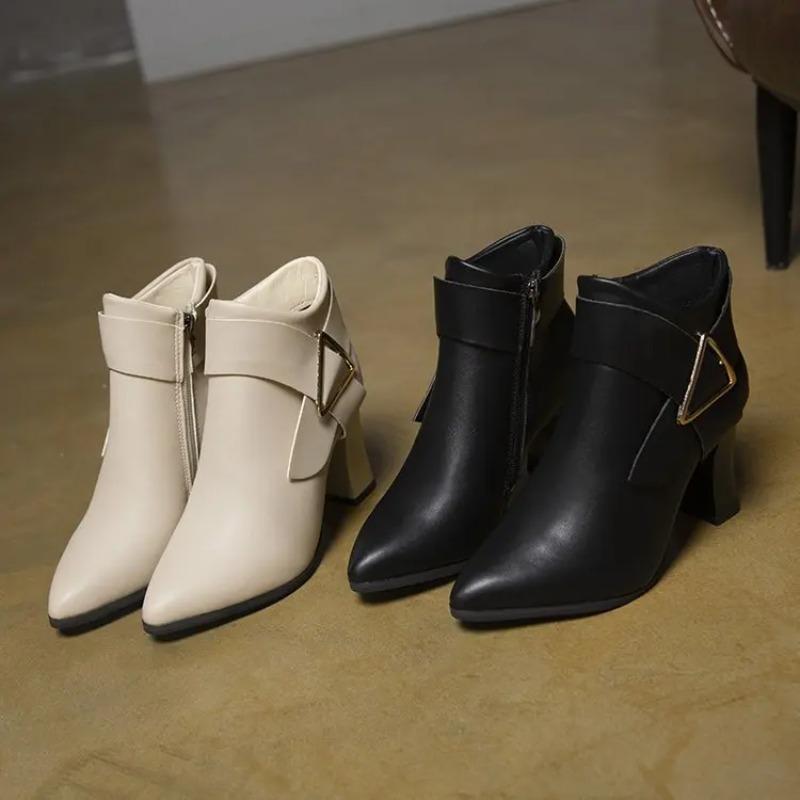 Women's High Heels Short Boots Spring Autumn Belt Buckle Ankle Boots Female Bottes High Top Leather Shoes Waterproof Woman Pumps