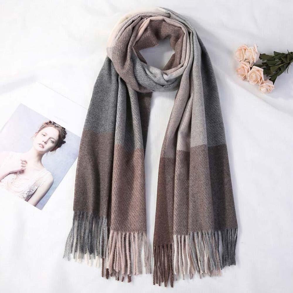 Polyester Knitted Wool Scarf Soft Long Neckscarf with Tassel Soft Classic Plaid Scarf  Women