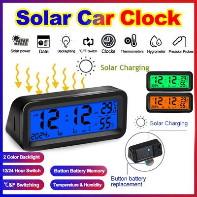 Zegarowy termometr samochodowy zasilany energią słoneczną z podwójnym zasilaniem - cyfrowy monitor temperatury i wilgotności z automatyczną jasnością wyświetlacza LCD, od -20°C do 70°C