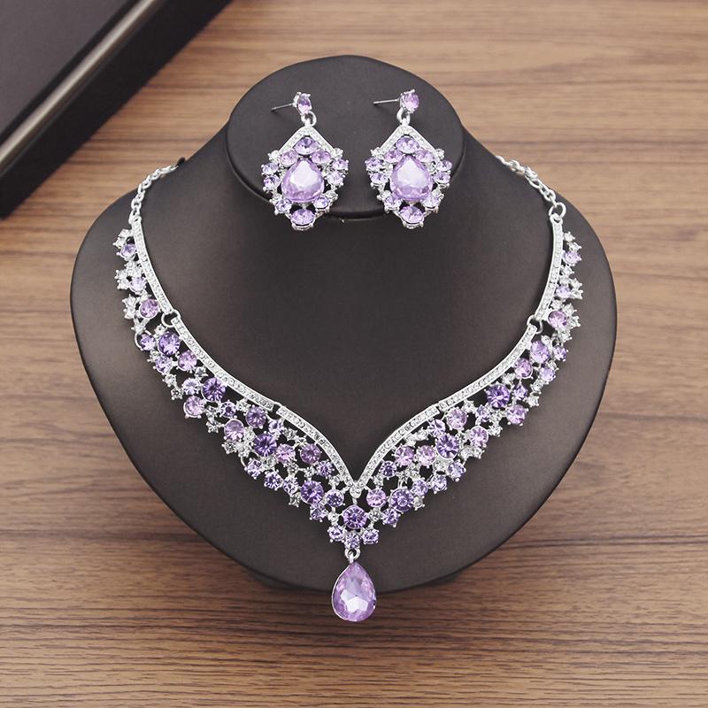 Gorgeous Purple Crystal Wedding Dress Choker Necklace Sets for Women Bridal Jewelry Sets Earrings Dubai Jewelry Sets Fashion