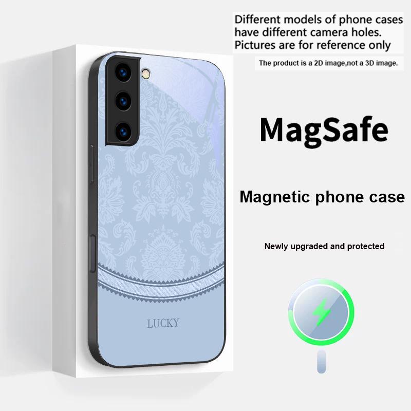 White Floral Vine Pattern For Samsung S25 S25 Edge S25Ultra S8 9 10 20 S21 Pro 22 Plus S23 FE S24 Ultra Magsafe Glass Phone Case